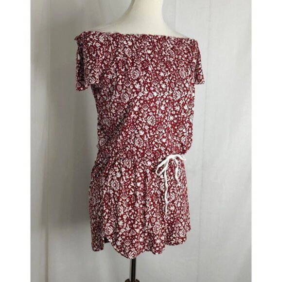 LOFT Beach Romper S Red Floral  Off Shoulder Resortwear Swim Cover-Up - Picture 4 of 9